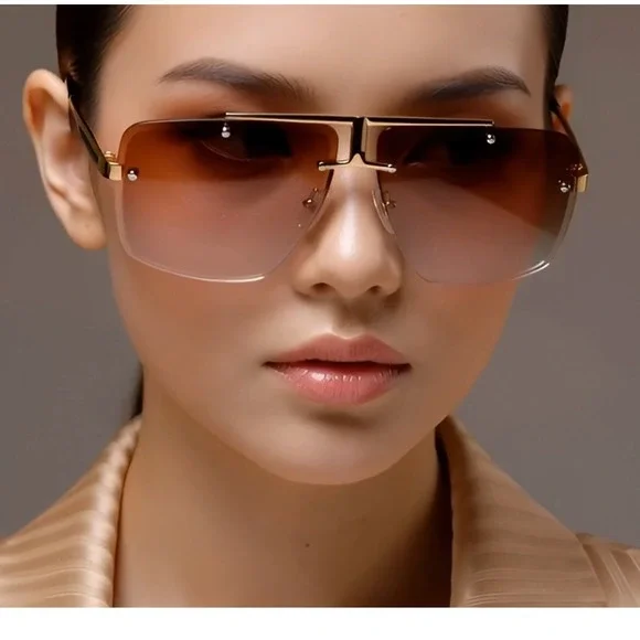 Oversized Shield Women Sunglasses Fashion Rimless‎ Lens Studded Accents Lentes - Picture 8 of 9